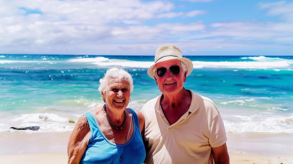 papi et mamie se prennent en photo à la plage