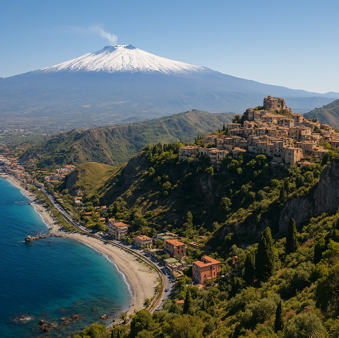 photo de l'etna en sicile avec un village à flan de colline